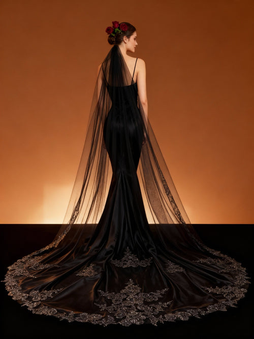 Veil&Vow Black Cathedral Wedding Veil with Lace Appliqué - Luxury Sheer Tulle Bridal Veil for Bride