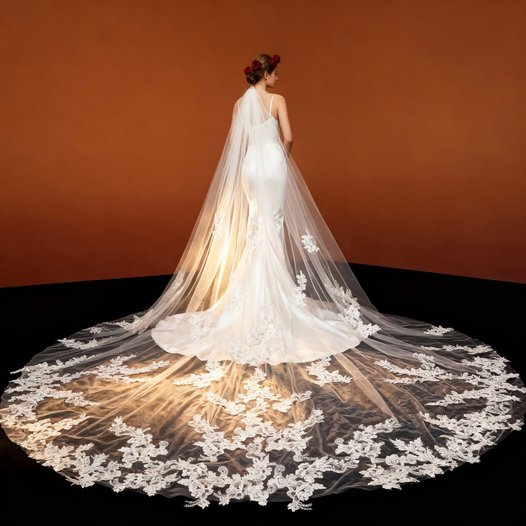 Veil&Vow Elegant Cathedral Bridal Veil - Handcrafted Lace Applique Tulle Wedding Veil (Luxury High-End)