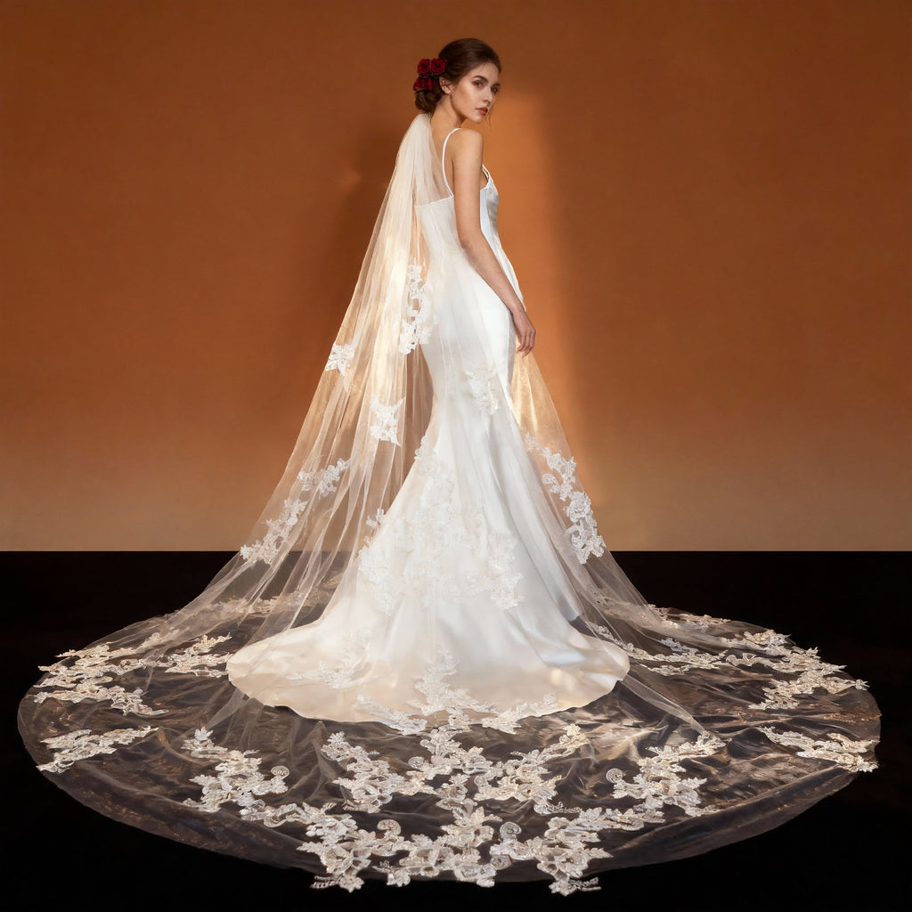 Veil&Vow Elegant Cathedral Bridal Veil - Handcrafted Lace Applique Tulle Wedding Veil (Luxury High-End)