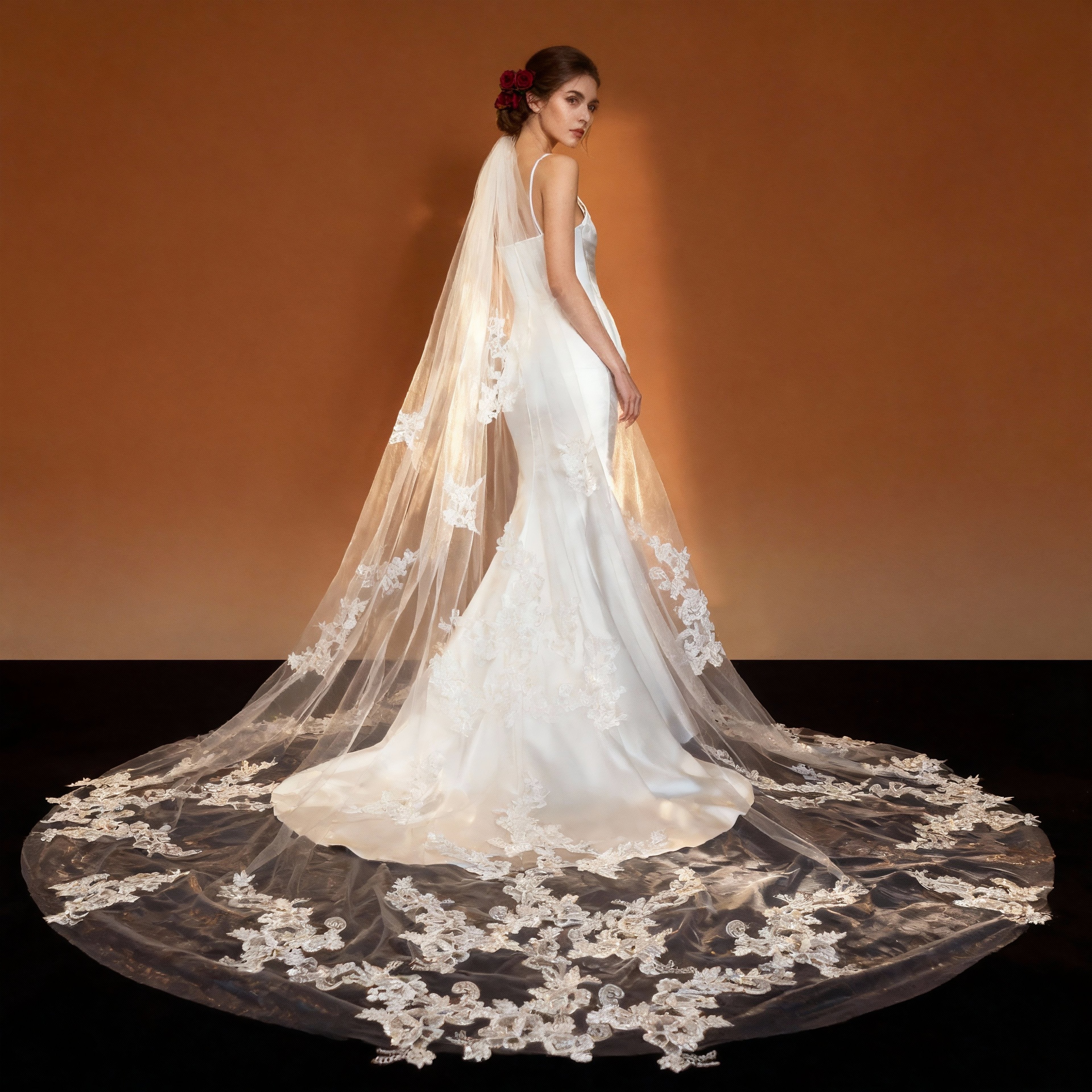 Veil&Vow Elegant Cathedral Bridal Veil - Handcrafted Lace Applique Tulle Wedding Veil (Luxury High-End)