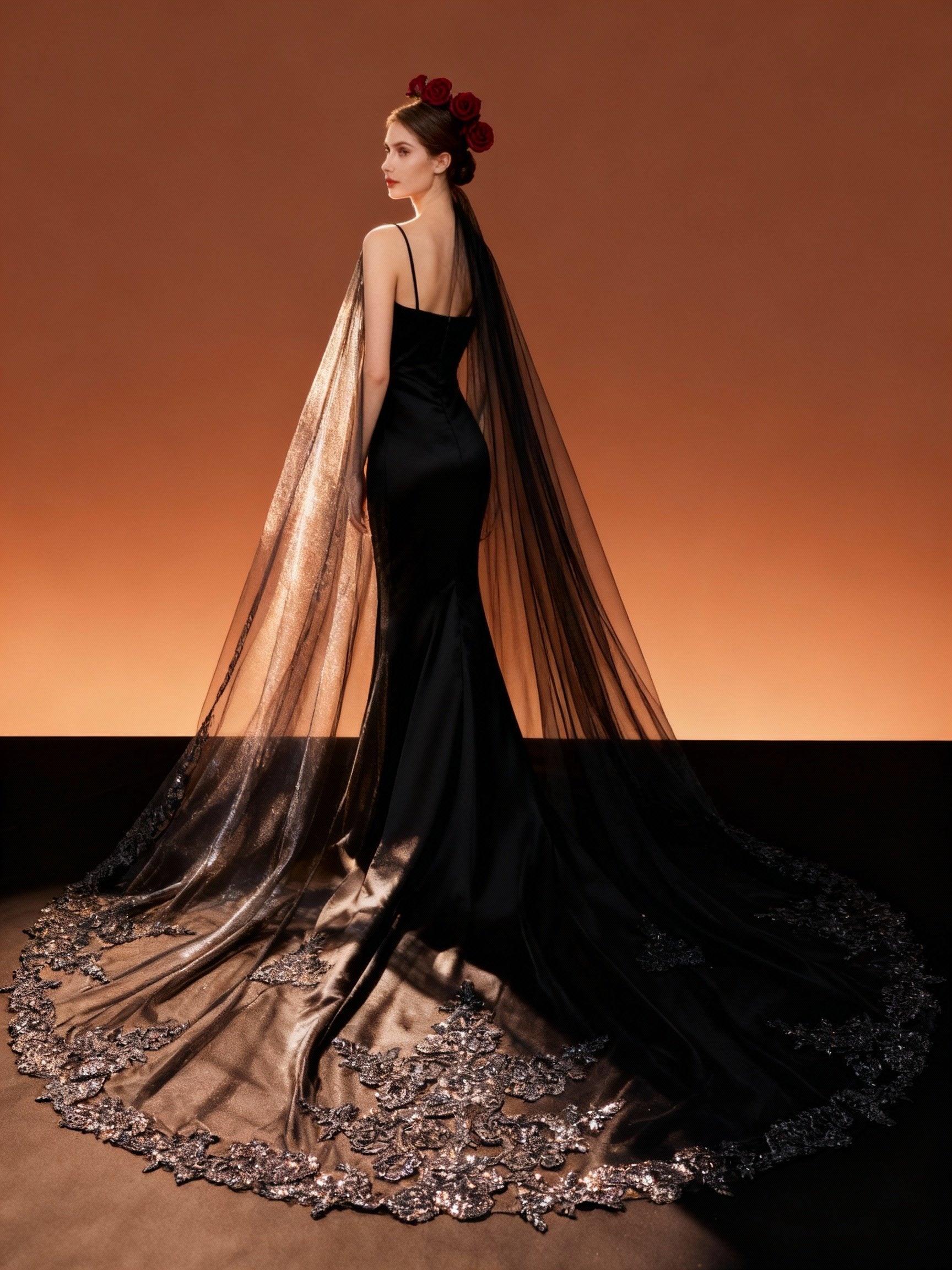 Veil&Vow Black Cathedral Wedding Veil with Lace Appliqué - Luxury Sheer Tulle Bridal Veil for Bride