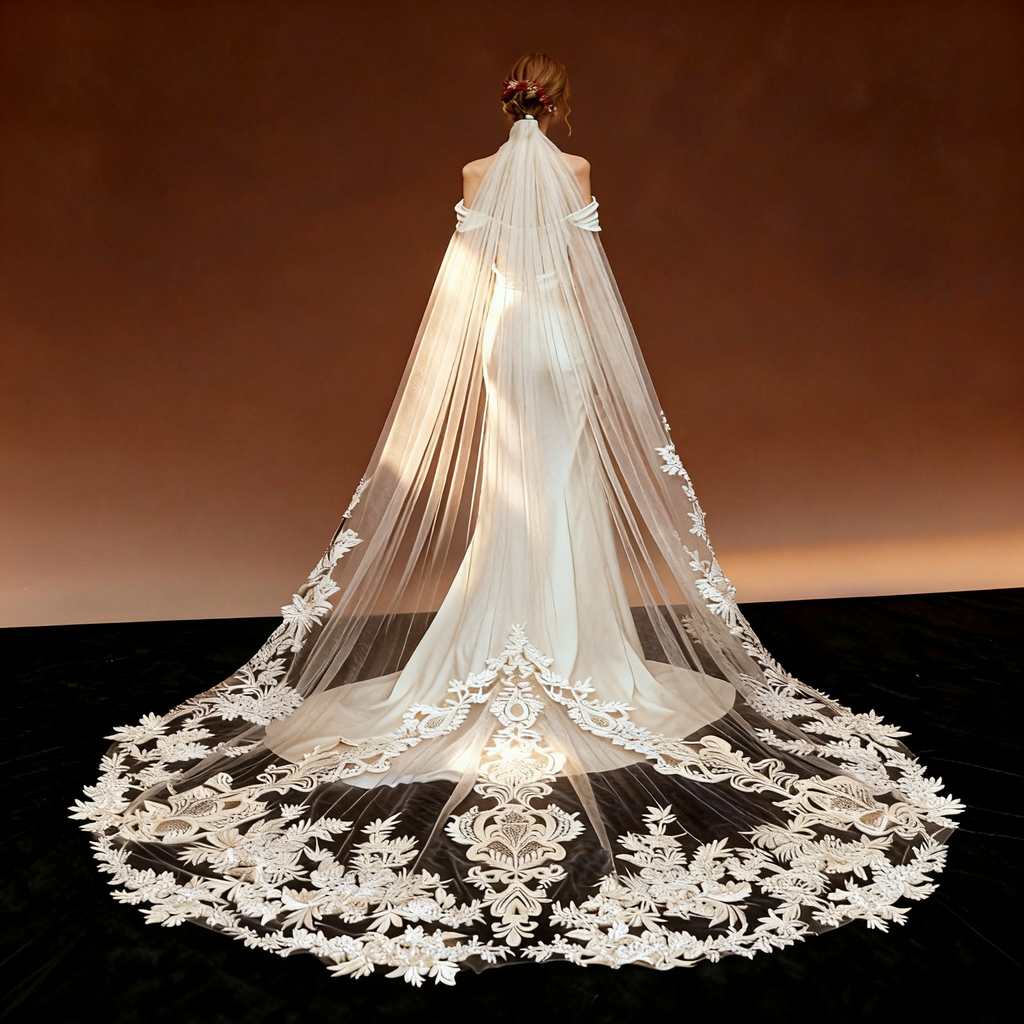 Veil&Vow Luxury Cathedral Wedding Veil - Handcrafted Lace Embroidery Ivory Tulle Bridal Veil
