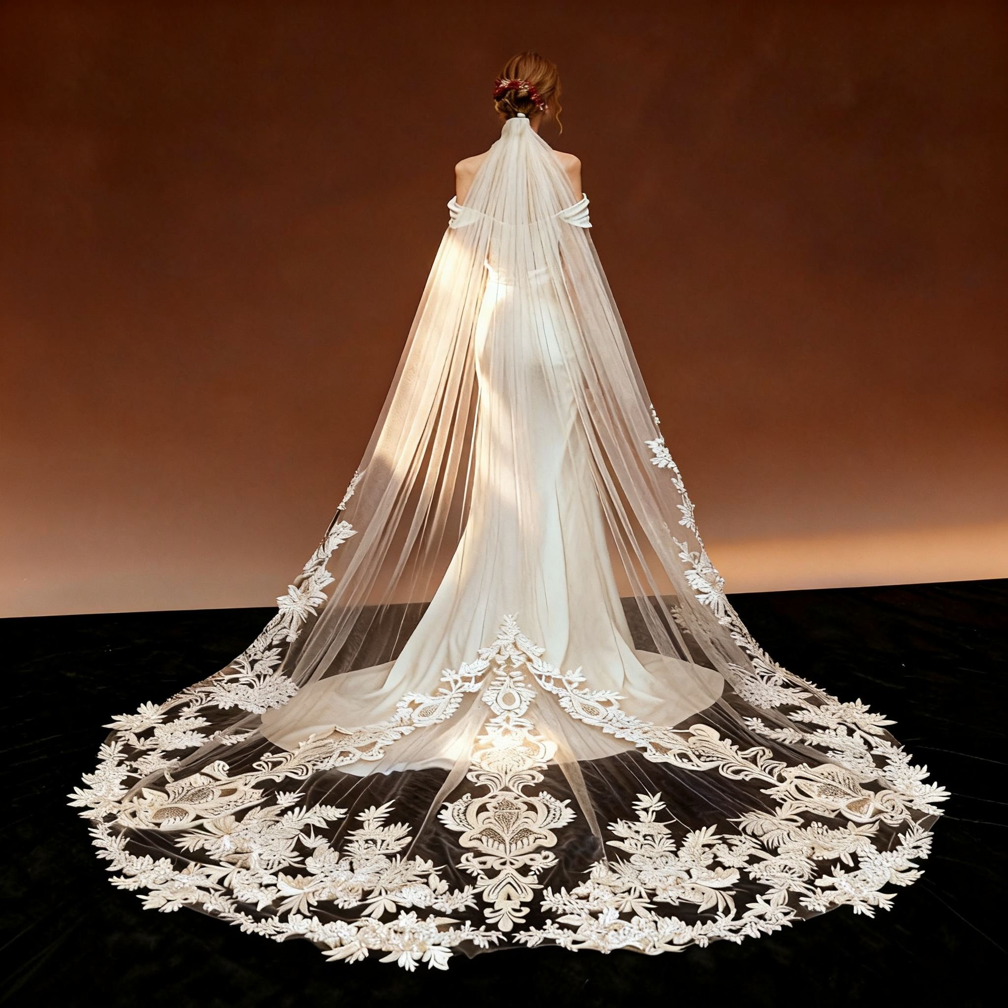 Veil&Vow Luxury Cathedral Wedding Veil - Handcrafted Lace Embroidery Ivory Tulle Bridal Veil