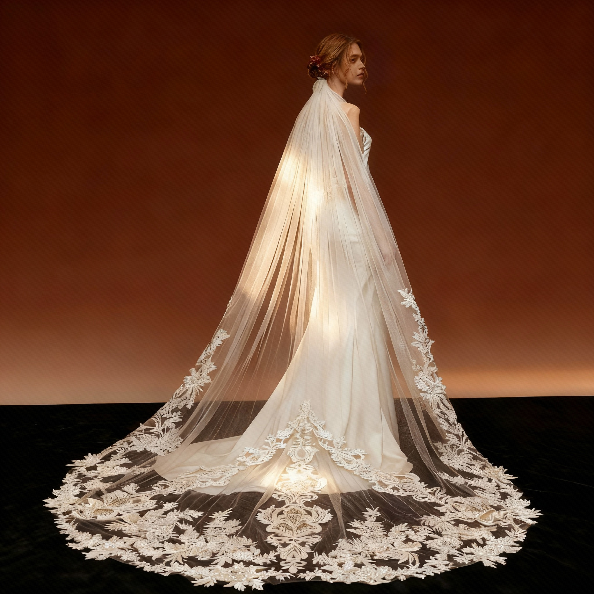 Veil&Vow Luxury Cathedral Wedding Veil - Handcrafted Lace Embroidery Ivory Tulle Bridal Veil