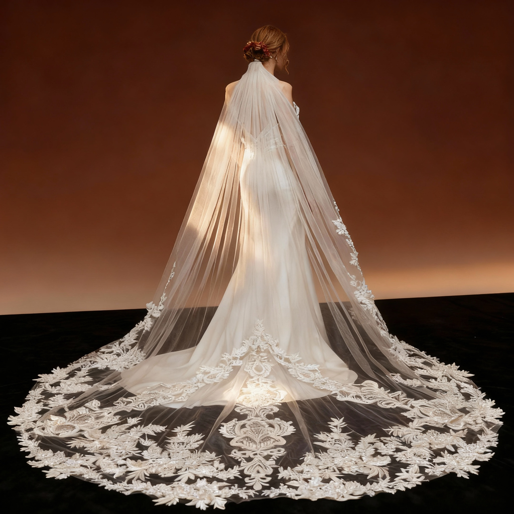 Veil&Vow Luxury Cathedral Wedding Veil - Handcrafted Lace Embroidery Ivory Tulle Bridal Veil