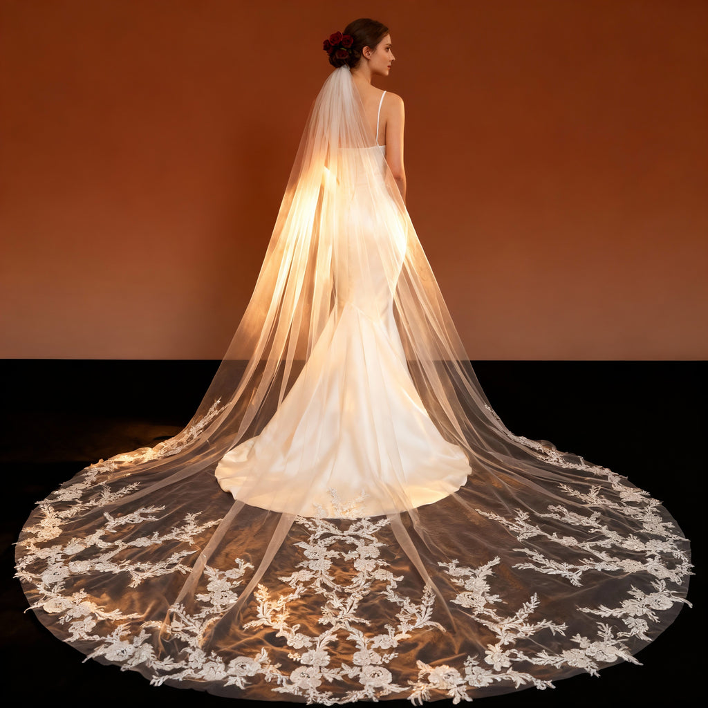 Veil&Vow Cathedral Length Bridal Veil - Sheer Tulle Wedding Veil with Intricate Floral Lace Appliqué