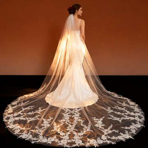 Veil&Vow Cathedral Length Bridal Veil - Sheer Tulle Wedding Veil with Intricate Floral Lace Appliqué
