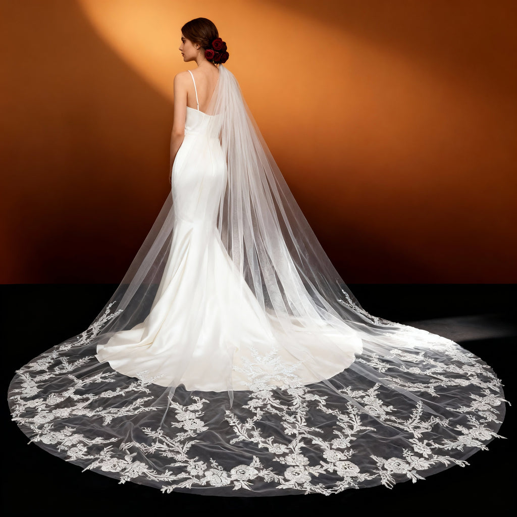 Veil&Vow Cathedral Length Bridal Veil - Sheer Tulle Wedding Veil with Intricate Floral Lace Appliqué