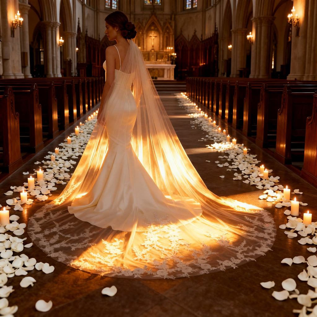 Veil&Vow Cathedral Length Bridal Veil - Sheer Tulle Wedding Veil with Intricate Floral Lace Appliqué