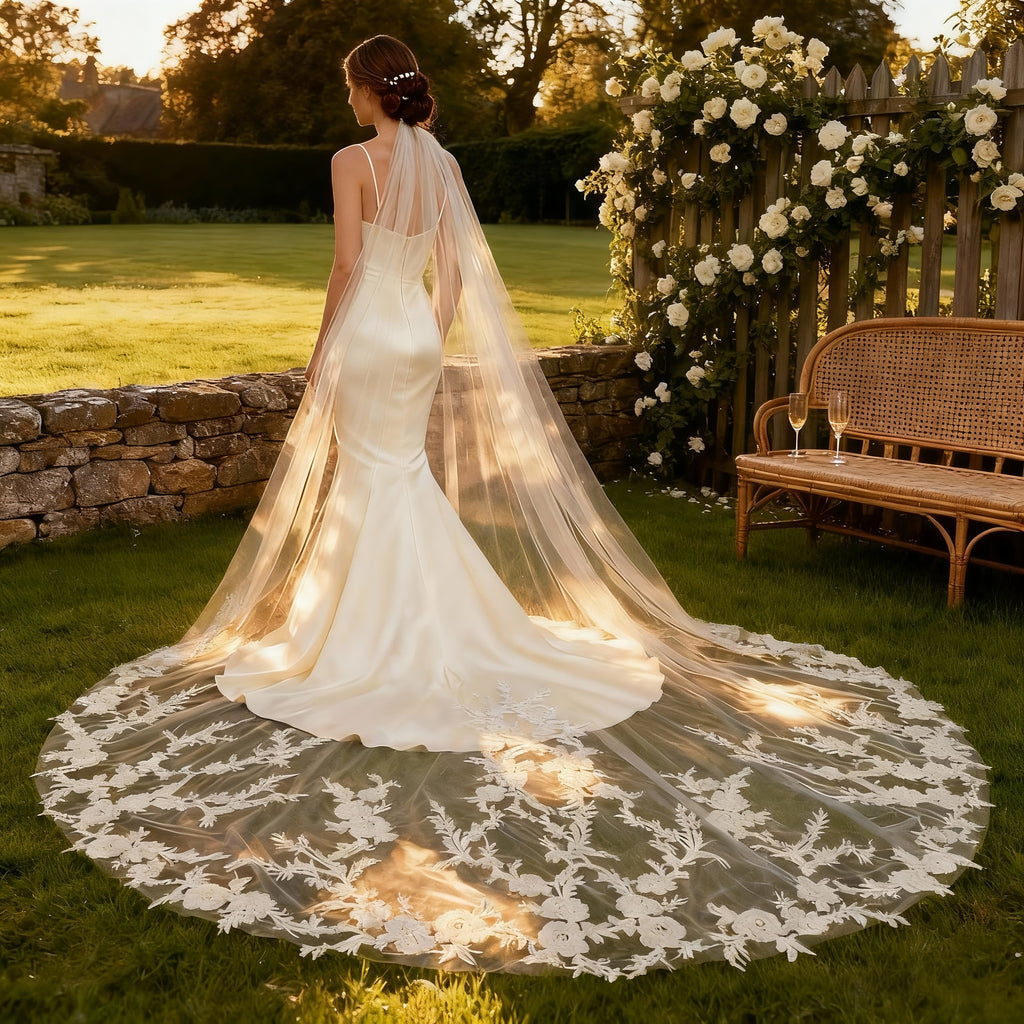 Veil&Vow Cathedral Length Bridal Veil - Sheer Tulle Wedding Veil with Intricate Floral Lace Appliqué