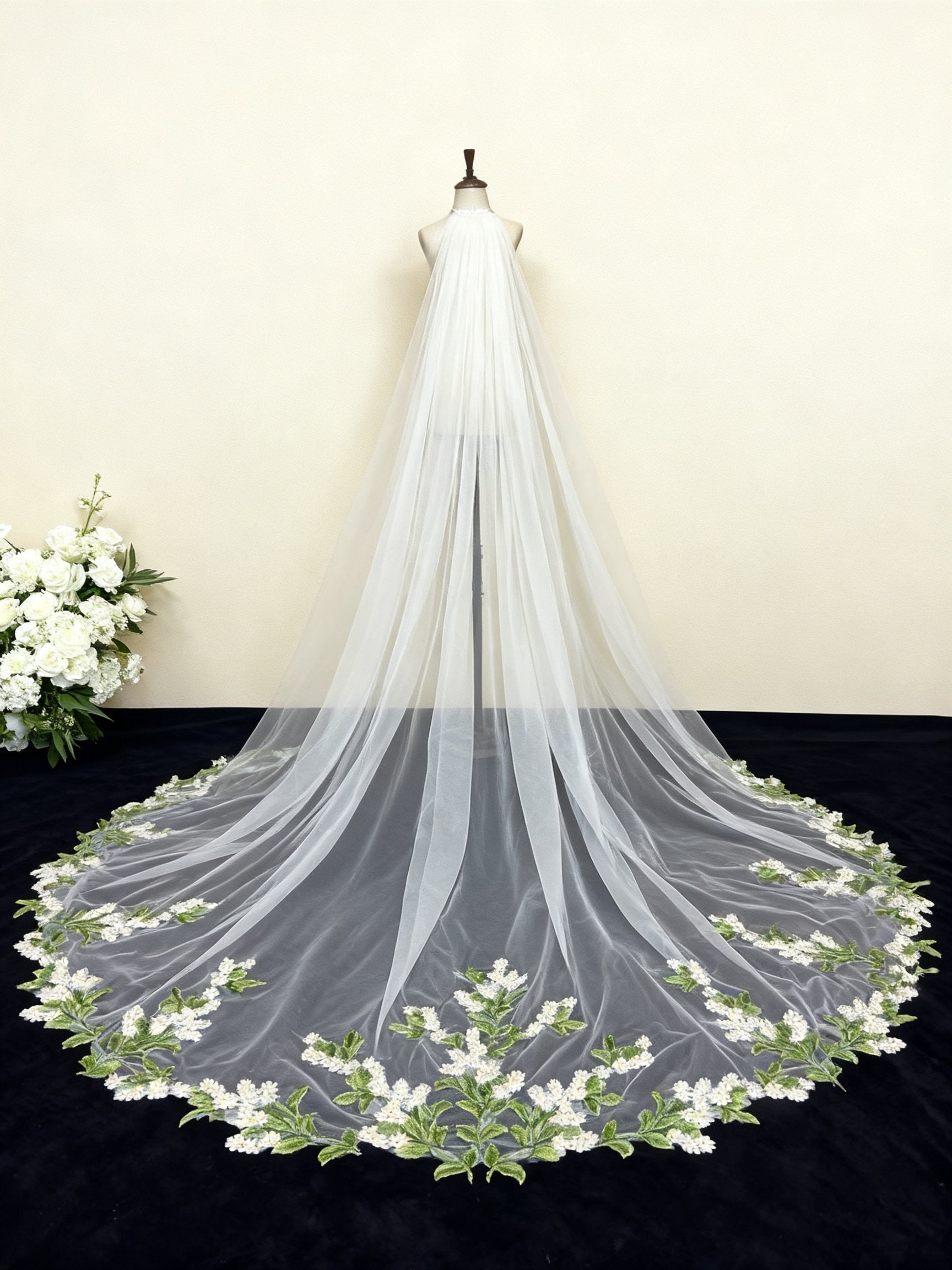 Veil&Vow Luxury Cathedral Length Bridal Veil -  Green Leaf Embroidery