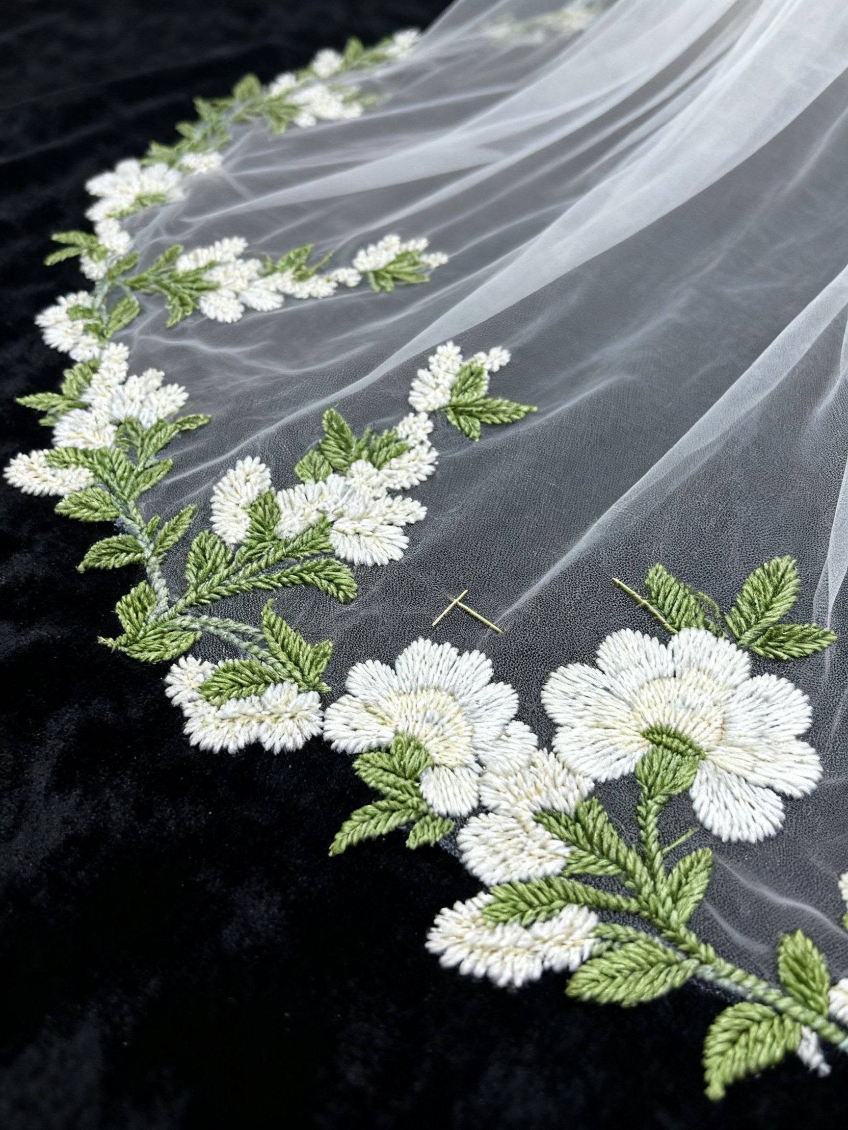 Veil&Vow Luxury Cathedral Length Bridal Veil -  Green Leaf Embroidery