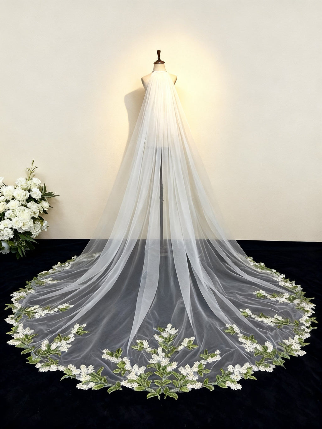 Veil&Vow Luxury Cathedral Length Bridal Veil -  Green Leaf Embroidery