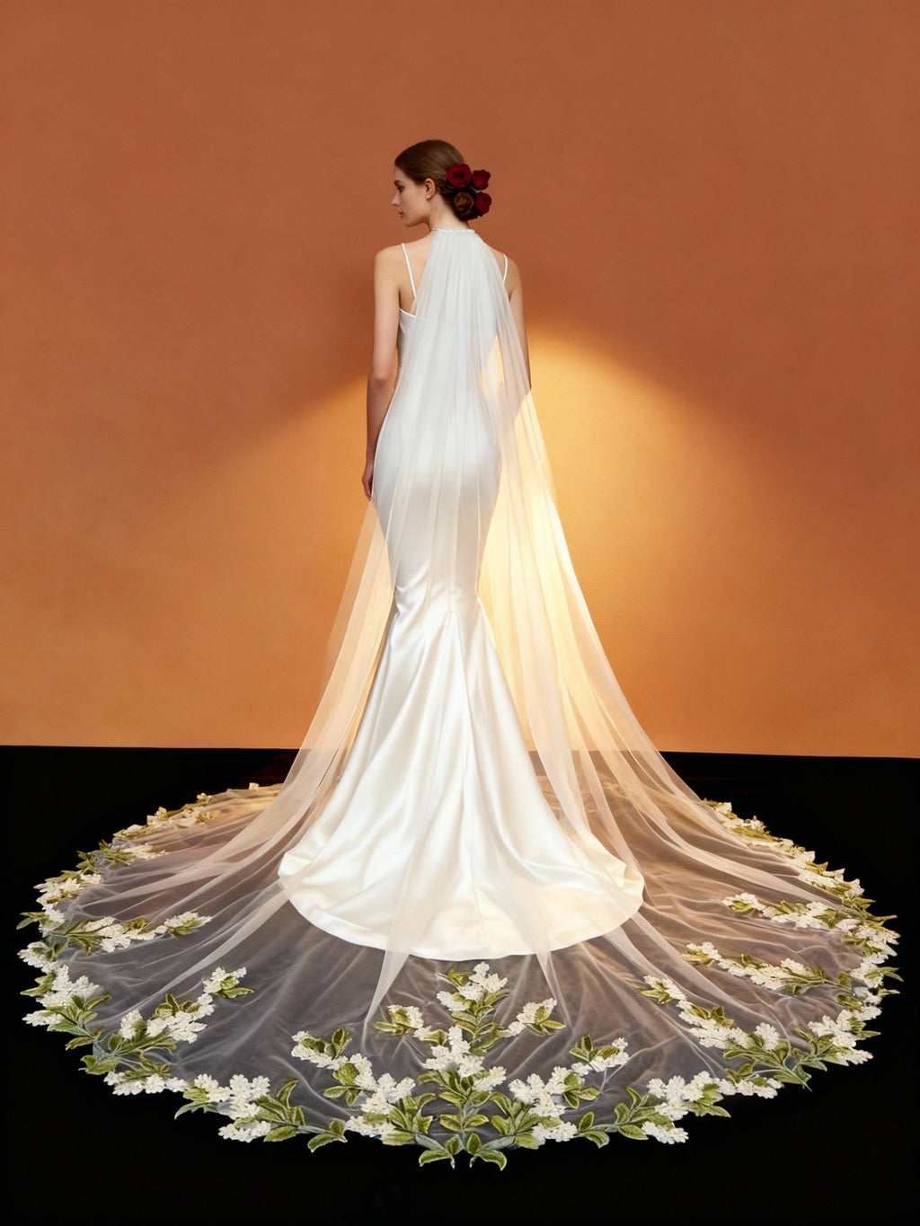 Veil&Vow Luxury Cathedral Length Bridal Veil -  Green Leaf Embroidery