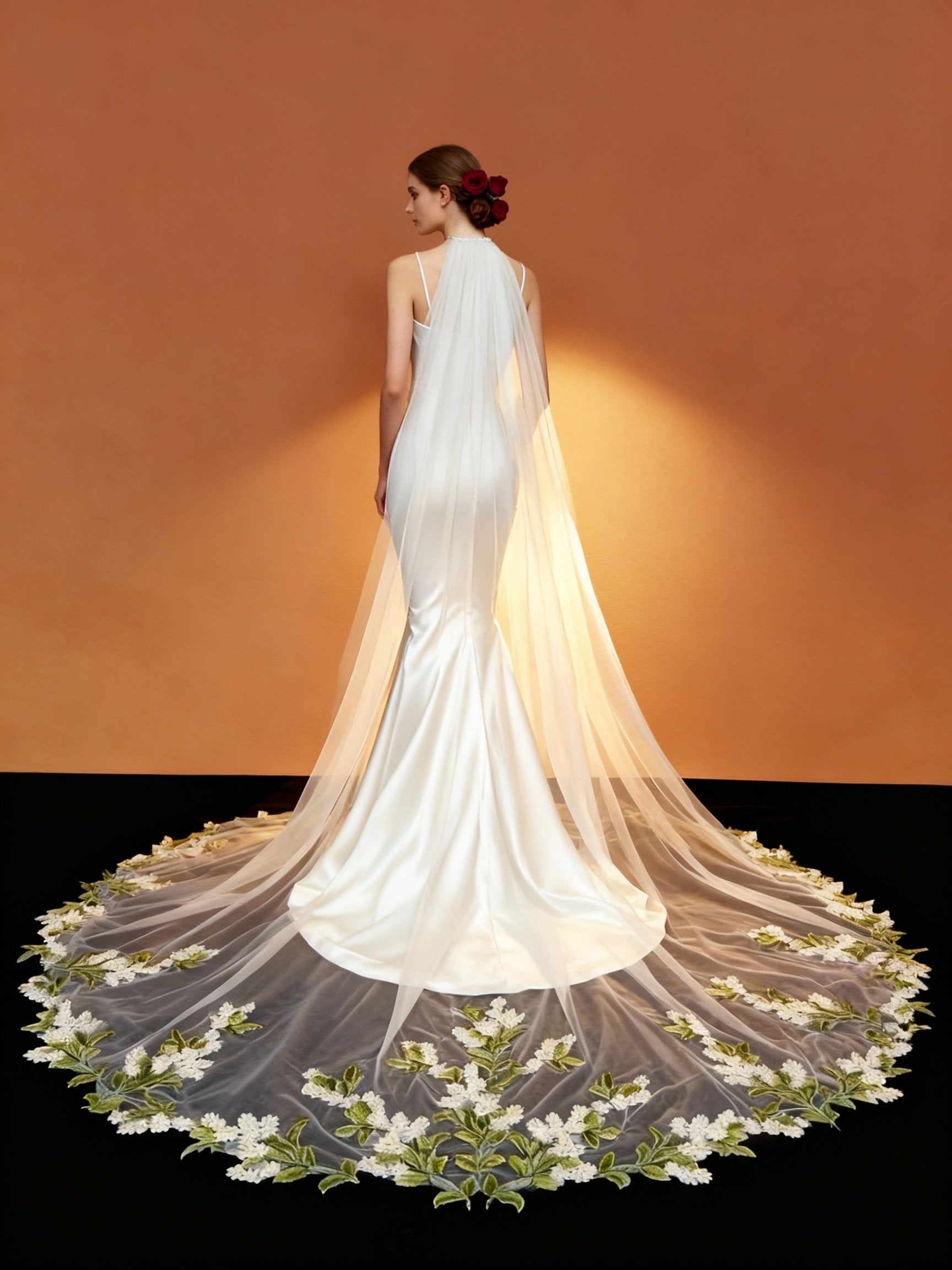 Veil&Vow Luxury Cathedral Length Bridal Veil -  Green Leaf Embroidery