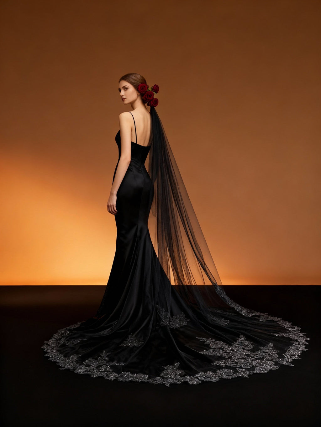 Veil&Vow Black Cathedral Wedding Veil with Lace Appliqué - Luxury Sheer Tulle Bridal Veil for Bride