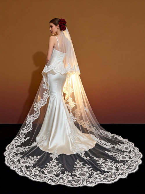Luxury Double Layer Cathedral Bridal Veil - Sheer Tulle with Sequin-Lace Appliqué