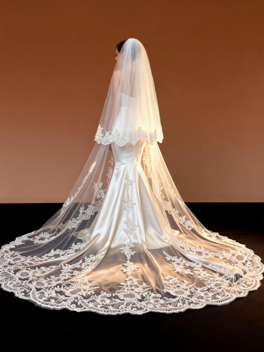 Luxury Double Layer Cathedral Bridal Veil - Sheer Tulle with Sequin-Lace Appliqué