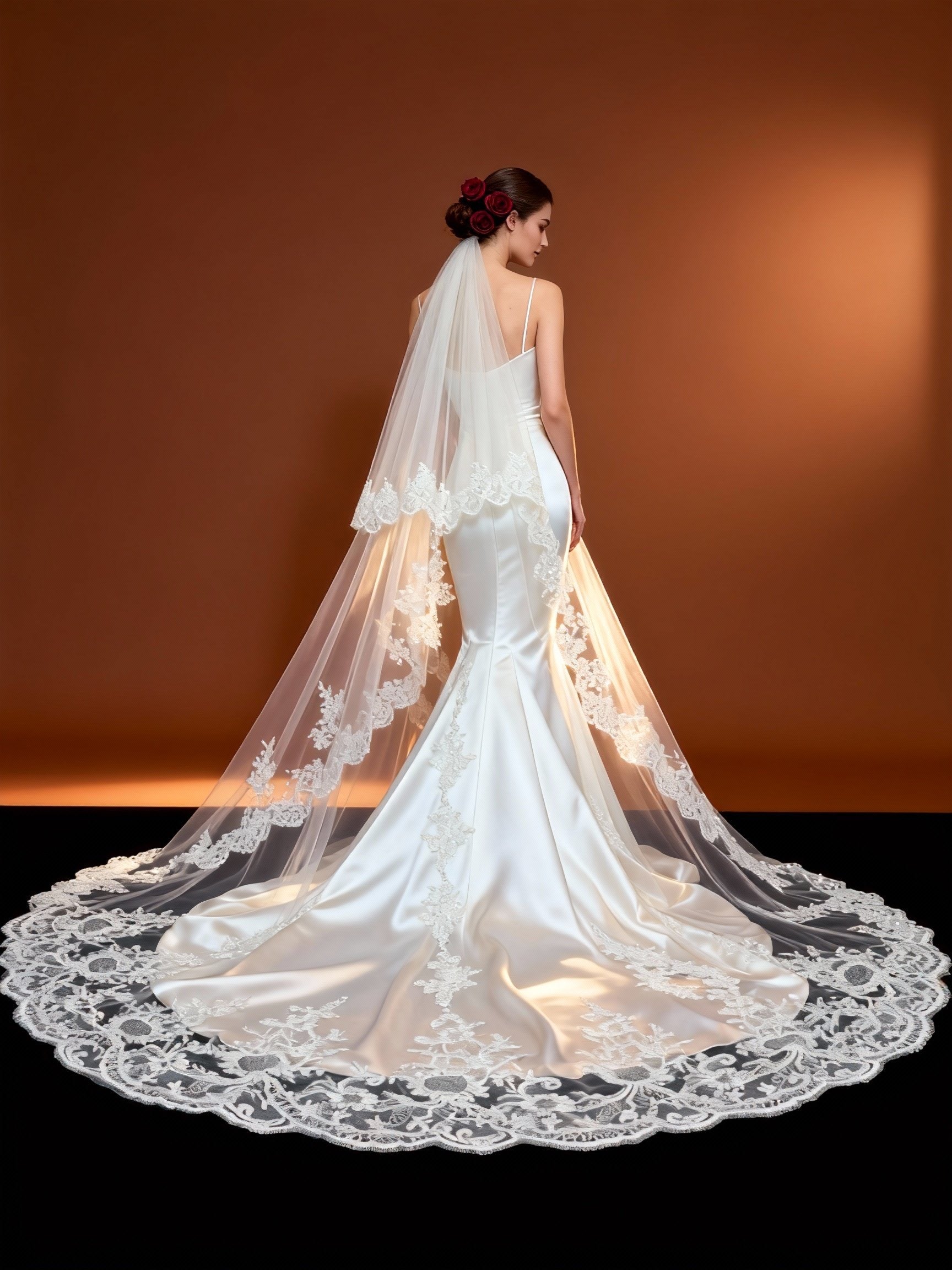Luxury Double Layer Cathedral Bridal Veil - Sheer Tulle with Sequin-Lace Appliqué