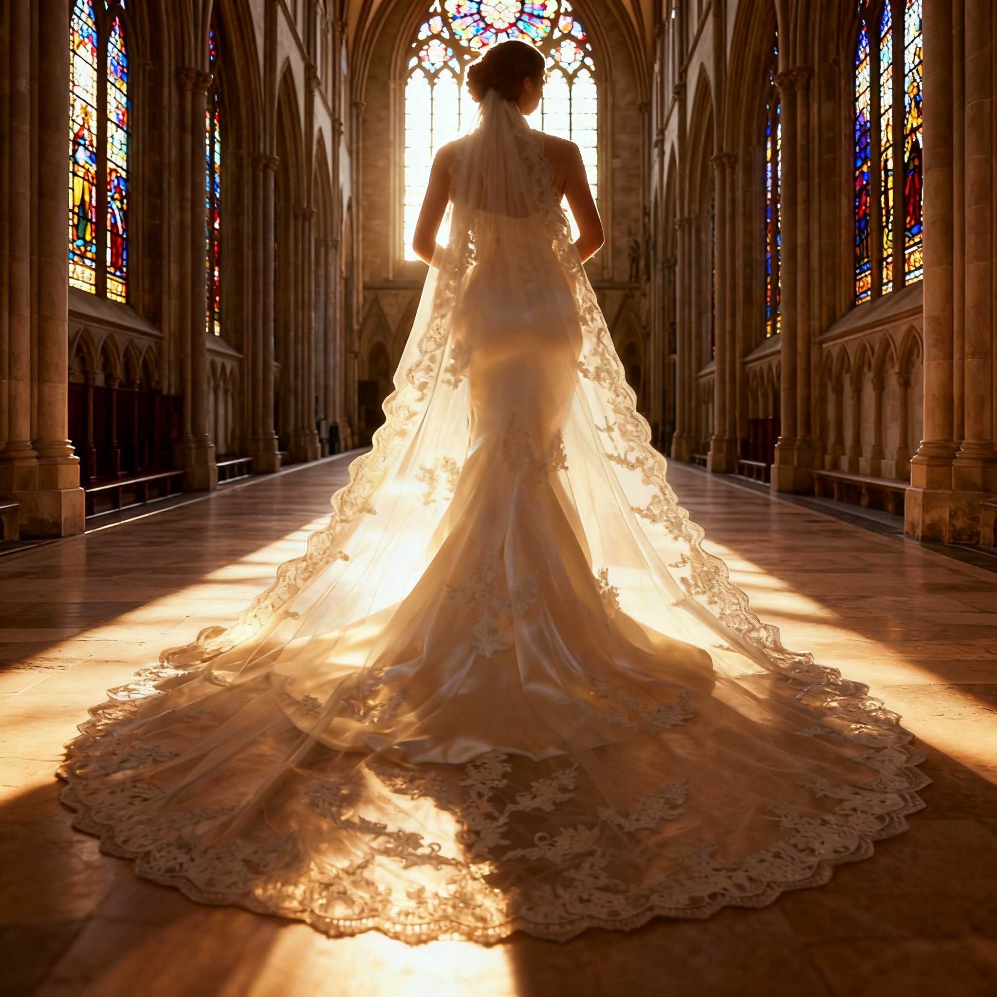 Veil&Vow Sheer Tulle Cathedral Length Bridal Veil - Luxury Wedding Veil with Intricate Floral Embroidery