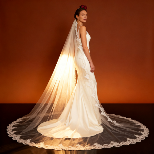 Veil&Vow Bridal Veil - Sheer Tulle Wedding Veil with Delicate Side & Edge Lace Trim