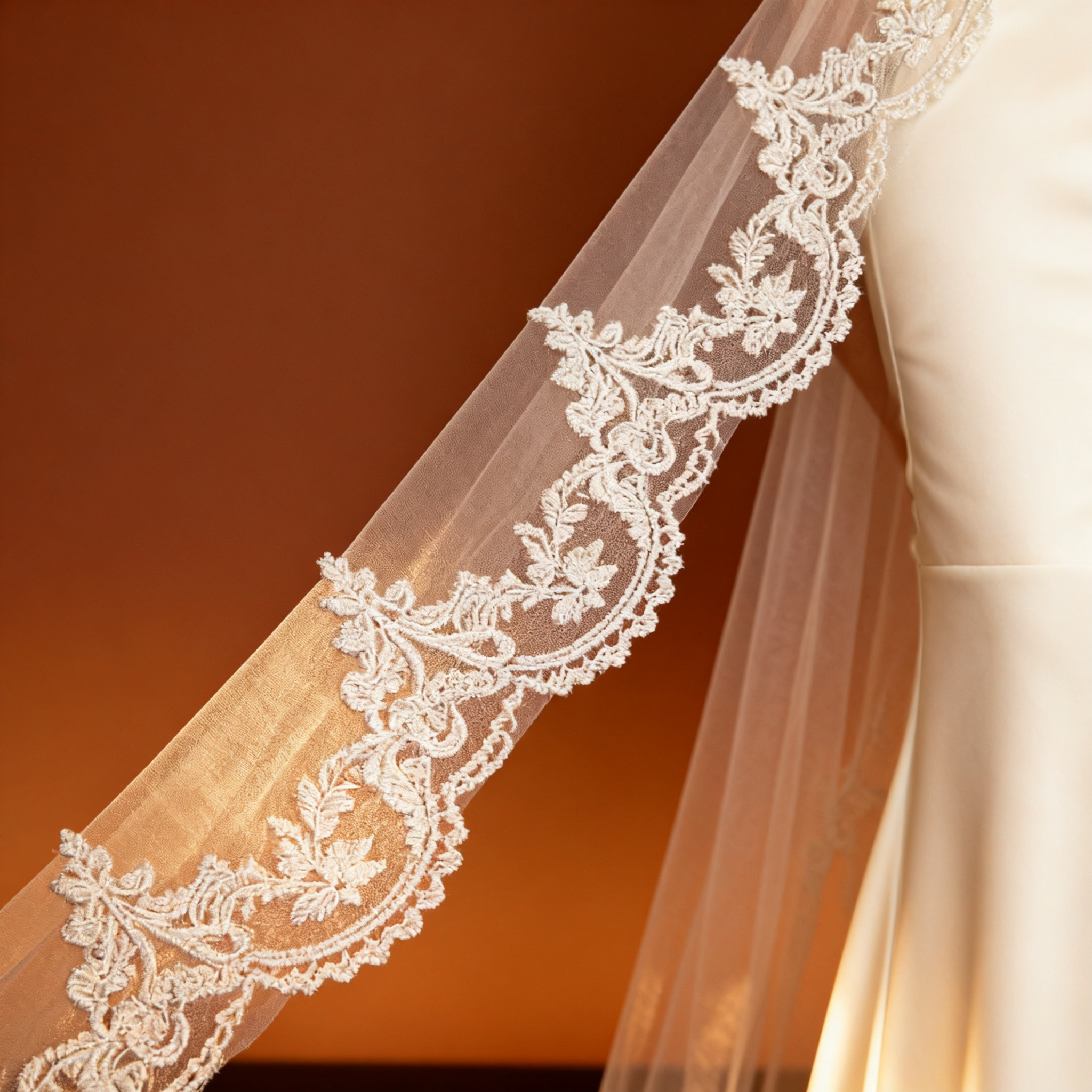 Veil&Vow Bridal Veil - Sheer Tulle Wedding Veil with Delicate Side & Edge Lace Trim