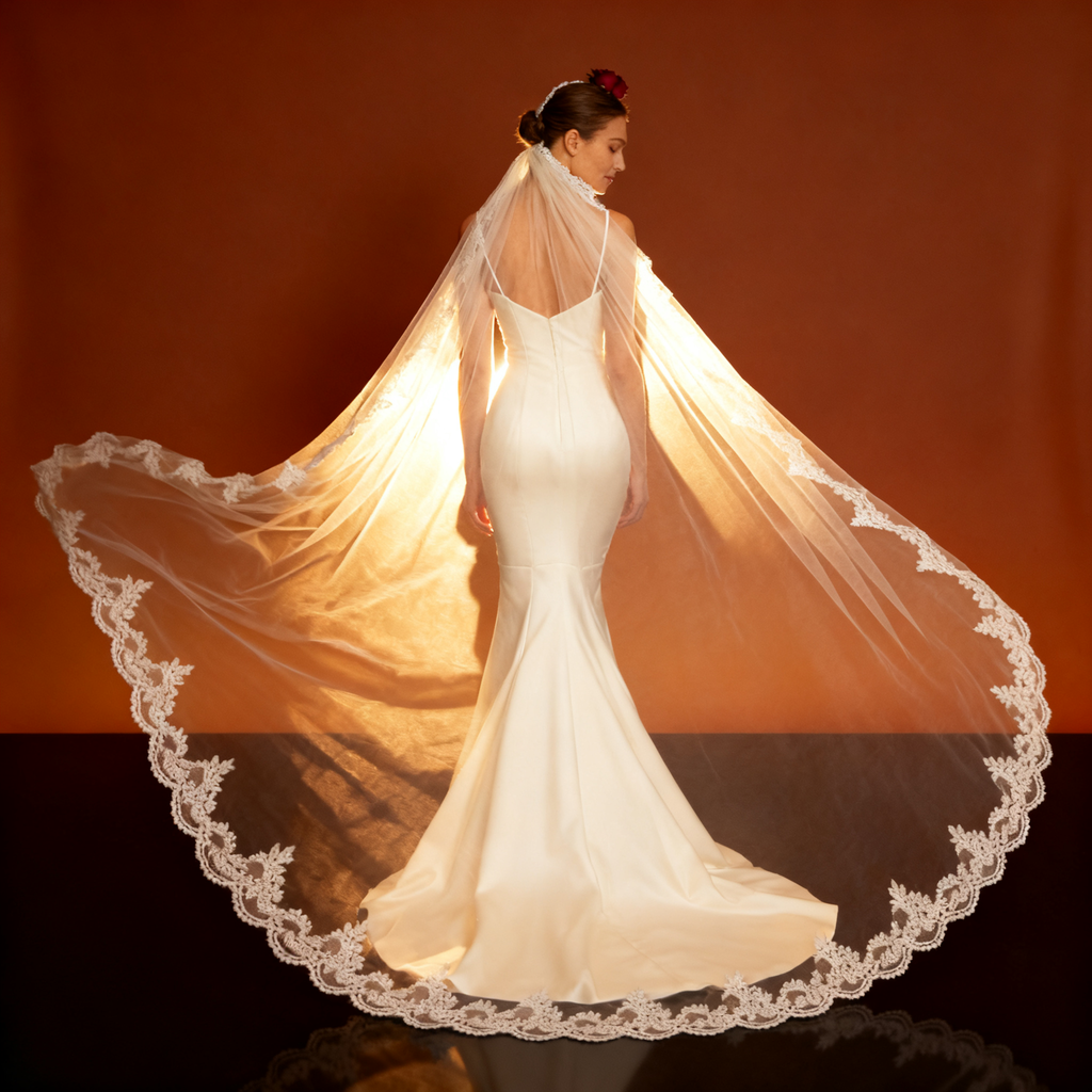 Veil&Vow Bridal Veil - Sheer Tulle Wedding Veil with Delicate Side & Edge Lace Trim