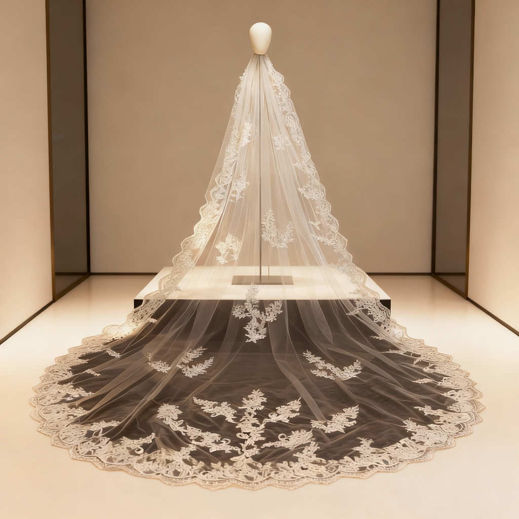 Veil&Vow Sheer Tulle Cathedral Length Bridal Veil - Luxury Wedding Veil with Intricate Floral Embroidery