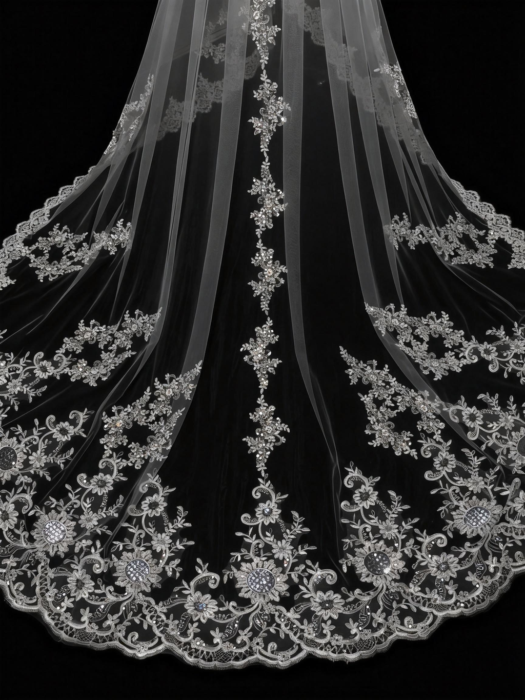 Luxury Double Layer Cathedral Bridal Veil - Sheer Tulle with Sequin-Lace Appliqué