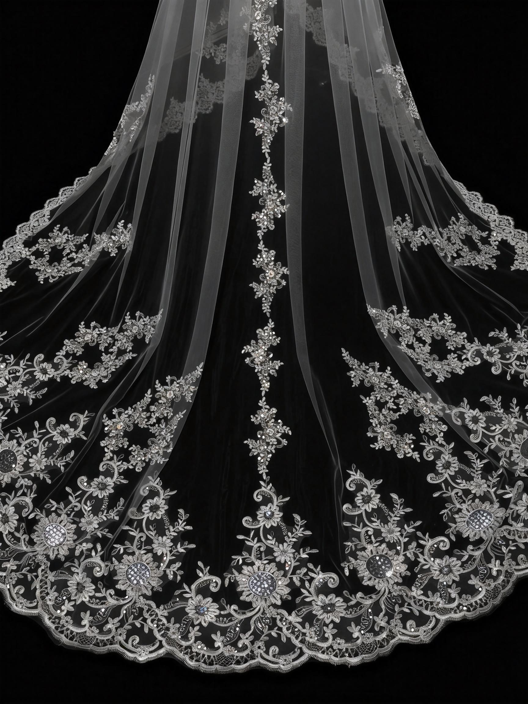 Luxury Double Layer Cathedral Bridal Veil - Sheer Tulle with Sequin-Lace Appliqué